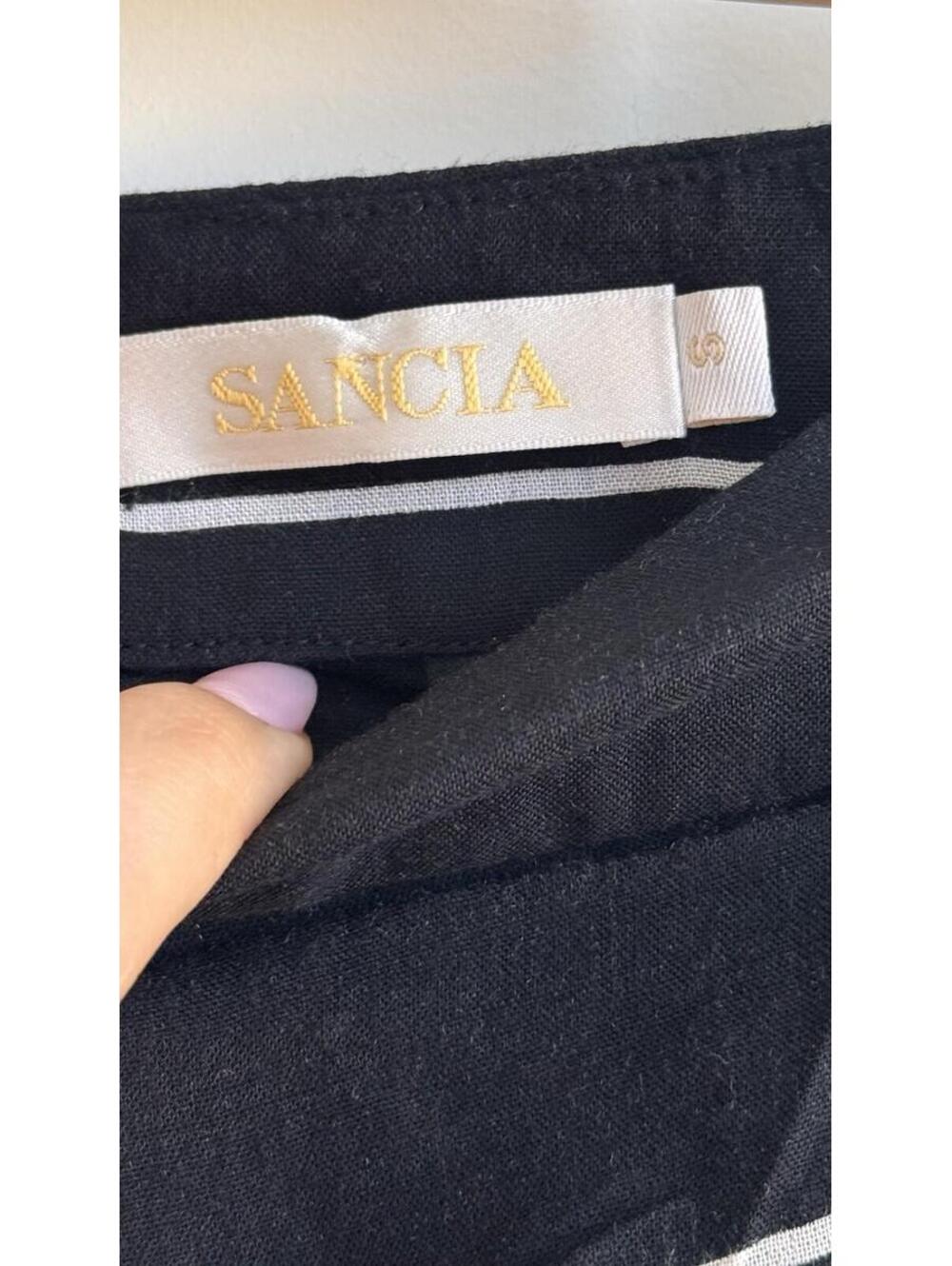 Sancia Black Windowpane Wide Leg Pants Size S Side Slit Cotton Resort - Picture 5 of 9